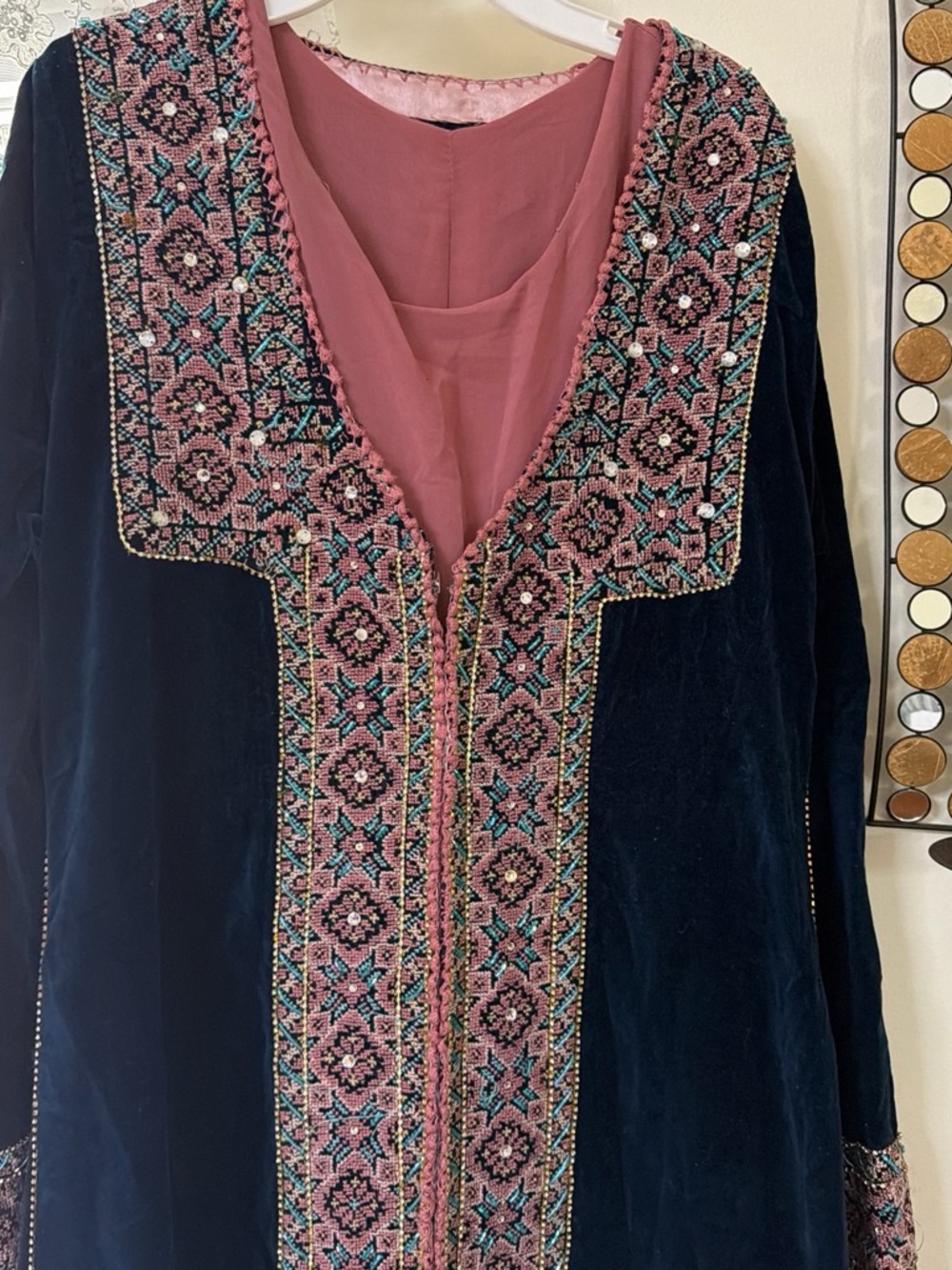 Embroidered Velvet abaya handstitched with Pink Accent